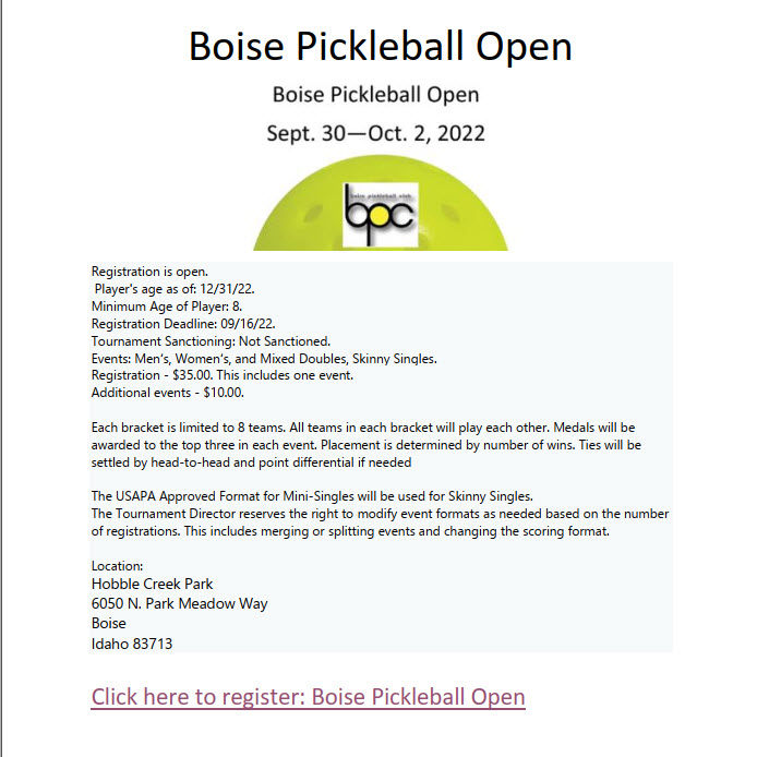 Boise Pickleball Open 2022 Tournament Boise Pickleball Club
